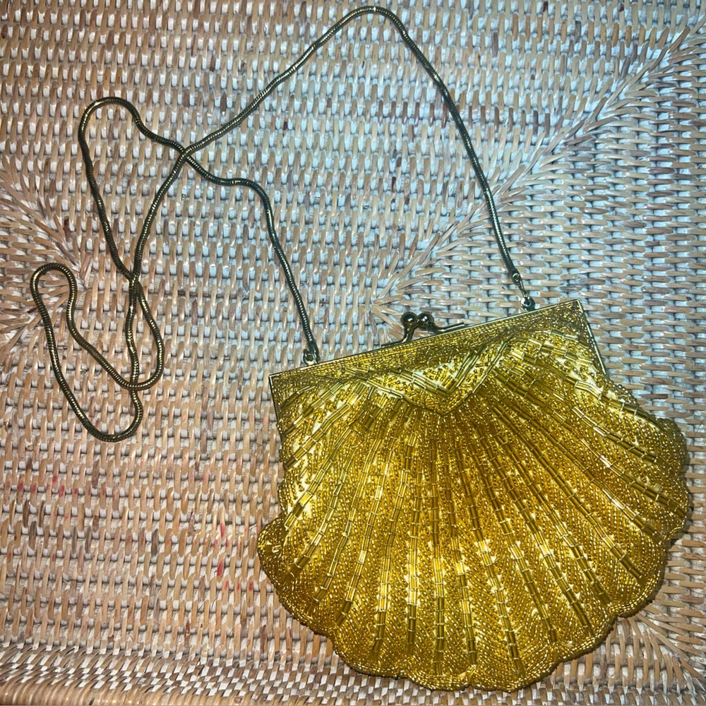 Antique Vintage MAGID Gold Beaded  Clamshell Clutch Purse Evening Formal Bag